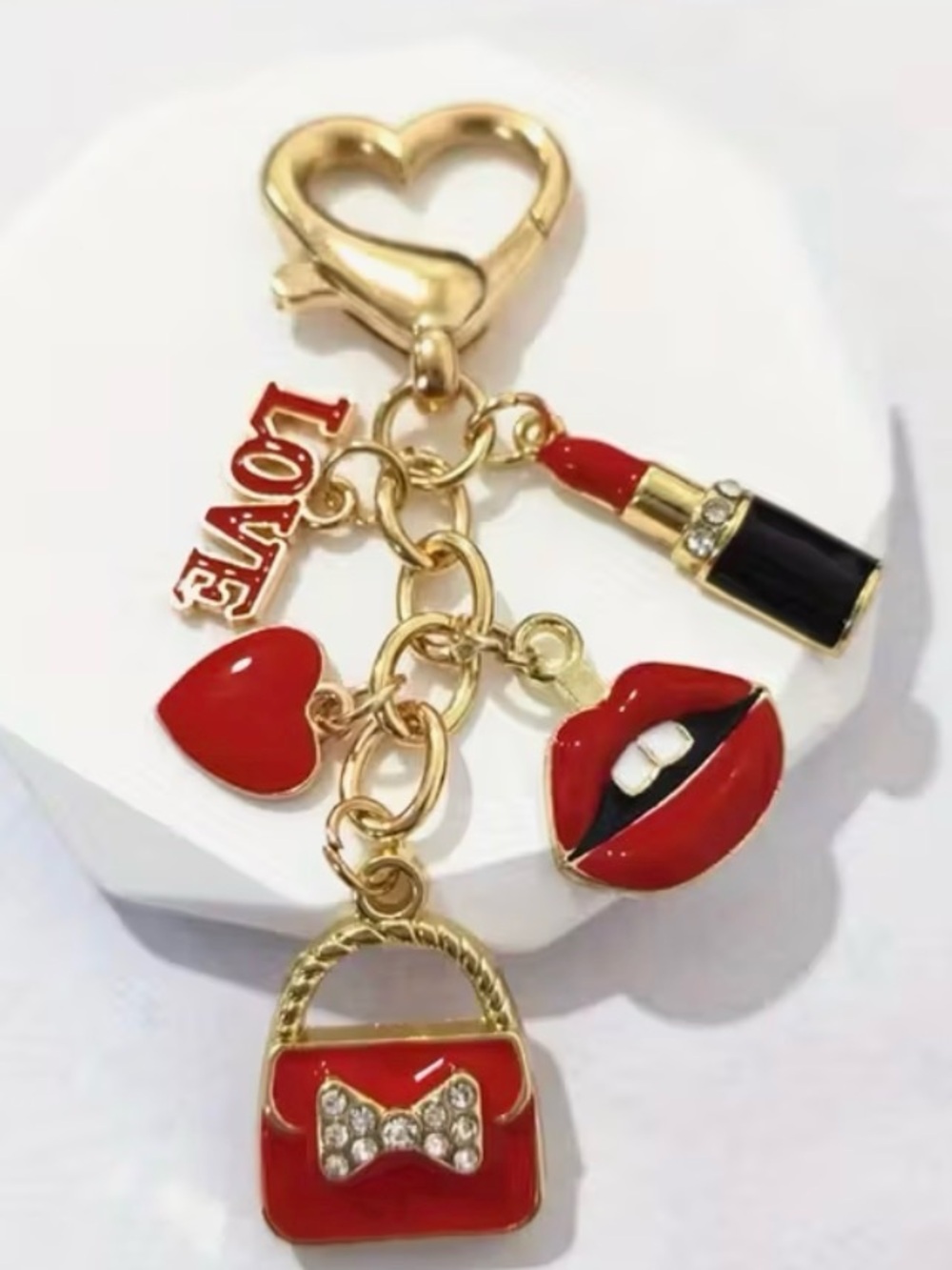 Gold-Tone Red Lipstick, Lips & Heart Purse Charm or Keychain